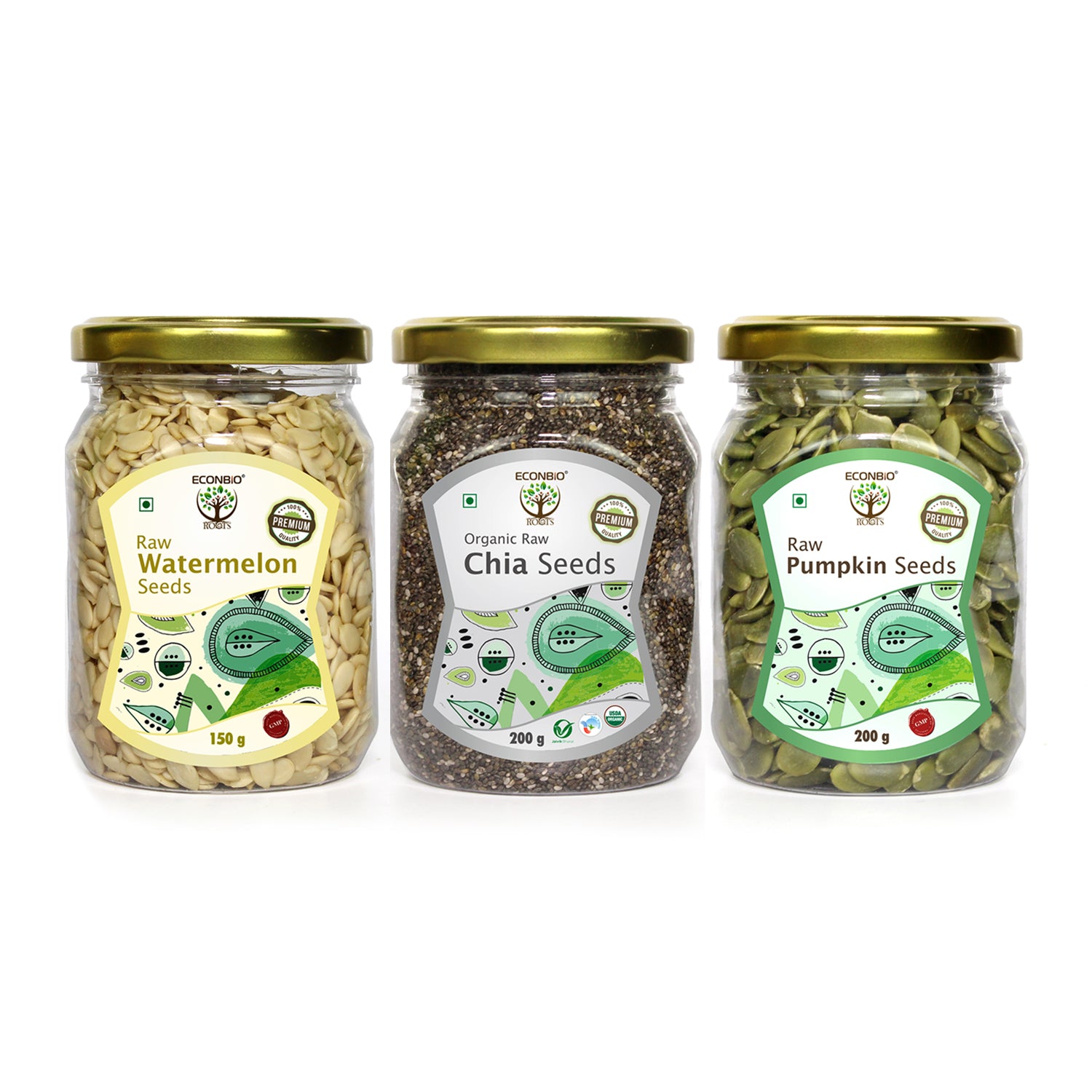 ECONBIO ROOTS Natural Seeds Combo (Chia 200g, Pumpkin 200g & Watermelon seeds 150g))