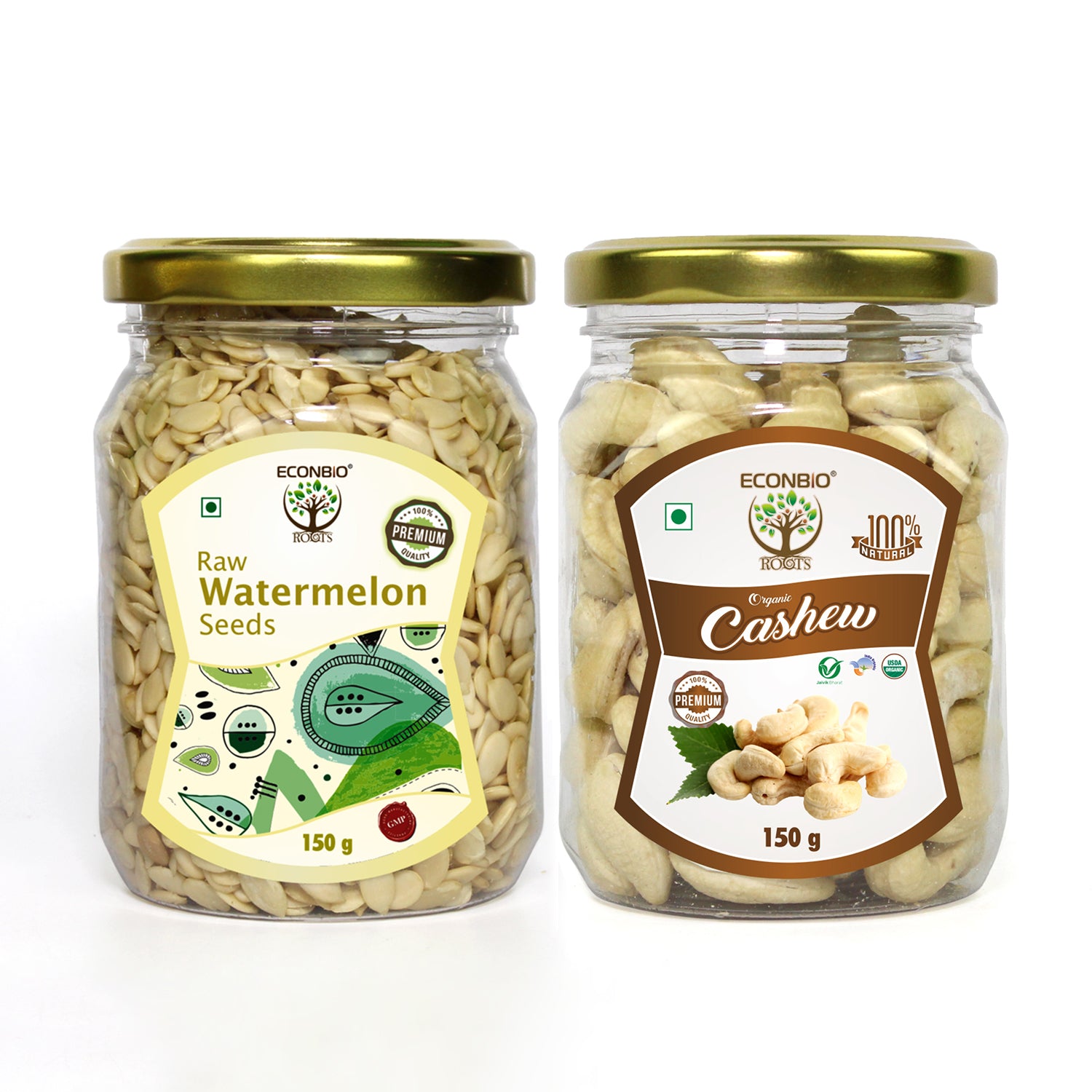ECONBIO ROOTS Certified 100% Organic Cashews 150g & Raw Watermelon Seeds 150g