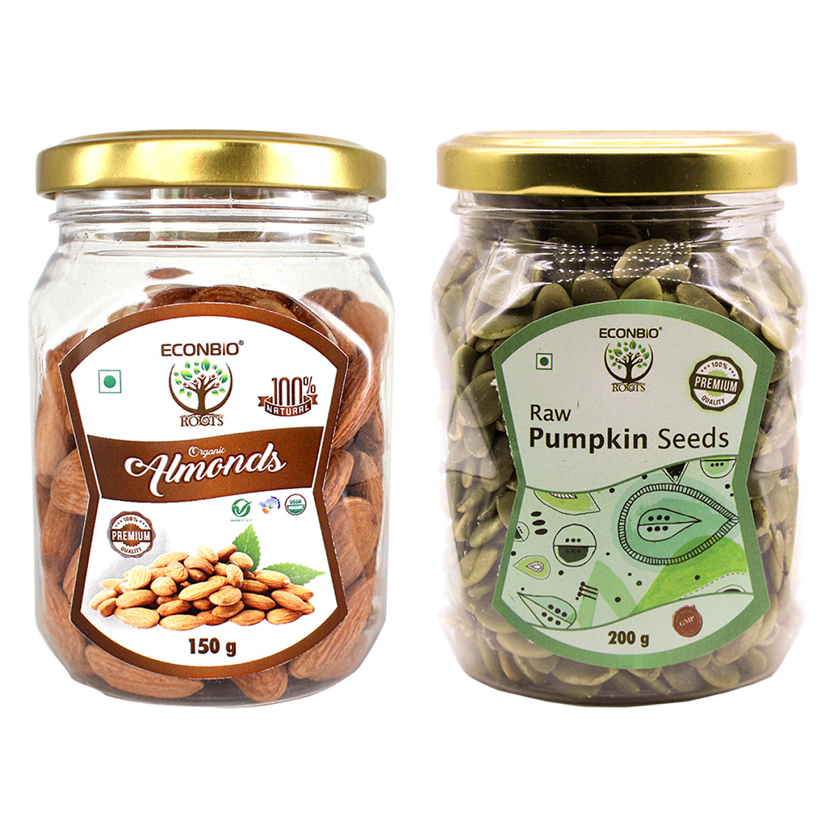 ECONBIO ROOTS Certified Organic Almonds 150g & Raw Pumpkin Seeds 200g