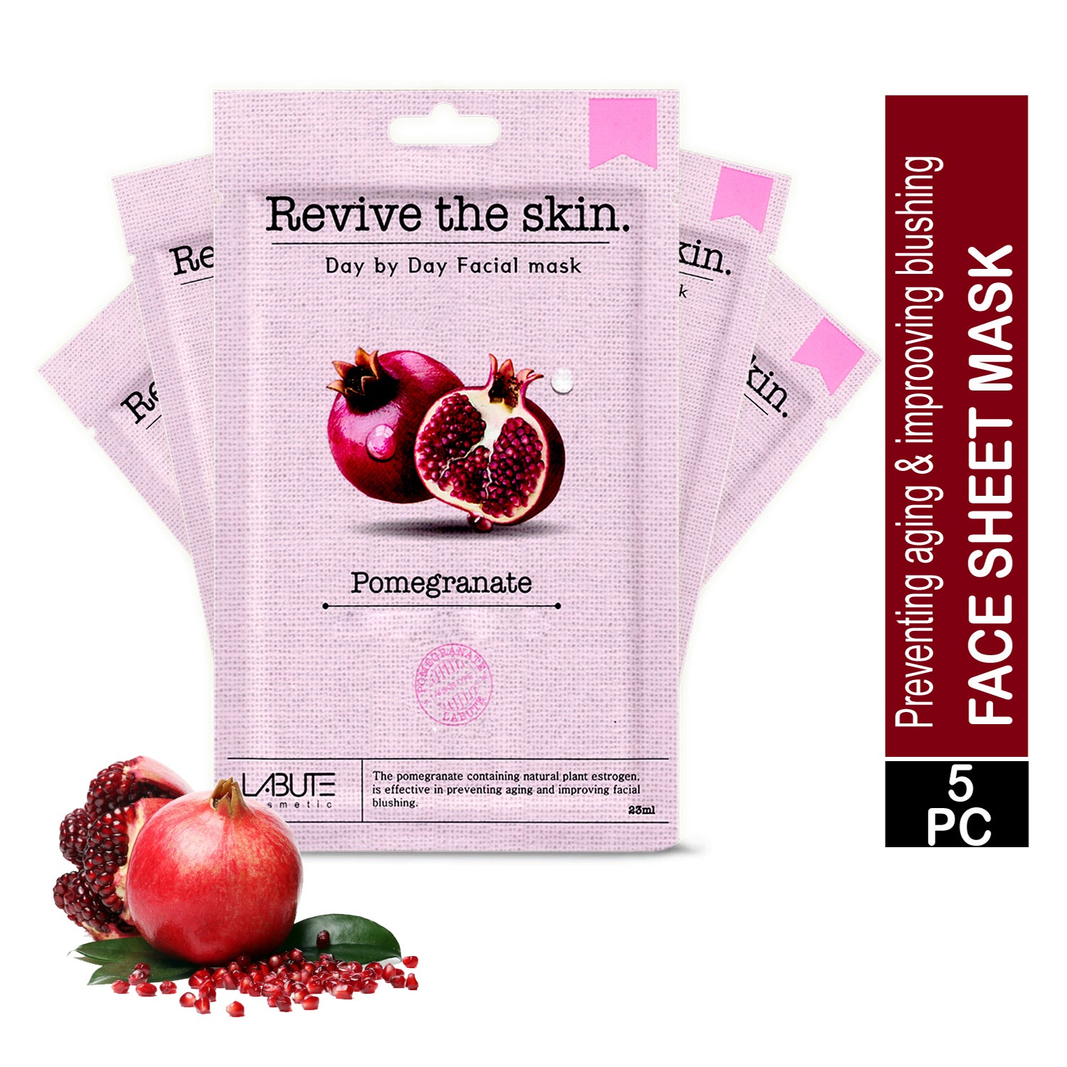 ECONBIO ROOTS Korean Skin Brightening Pomegranate Facial Sheet Mask, 23 ml (Pack of 5)