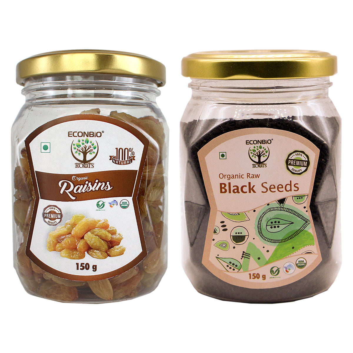 ECONBIO ROOTS Certified Organic Raisins 150g & Organic Raw Black Seeds 150g