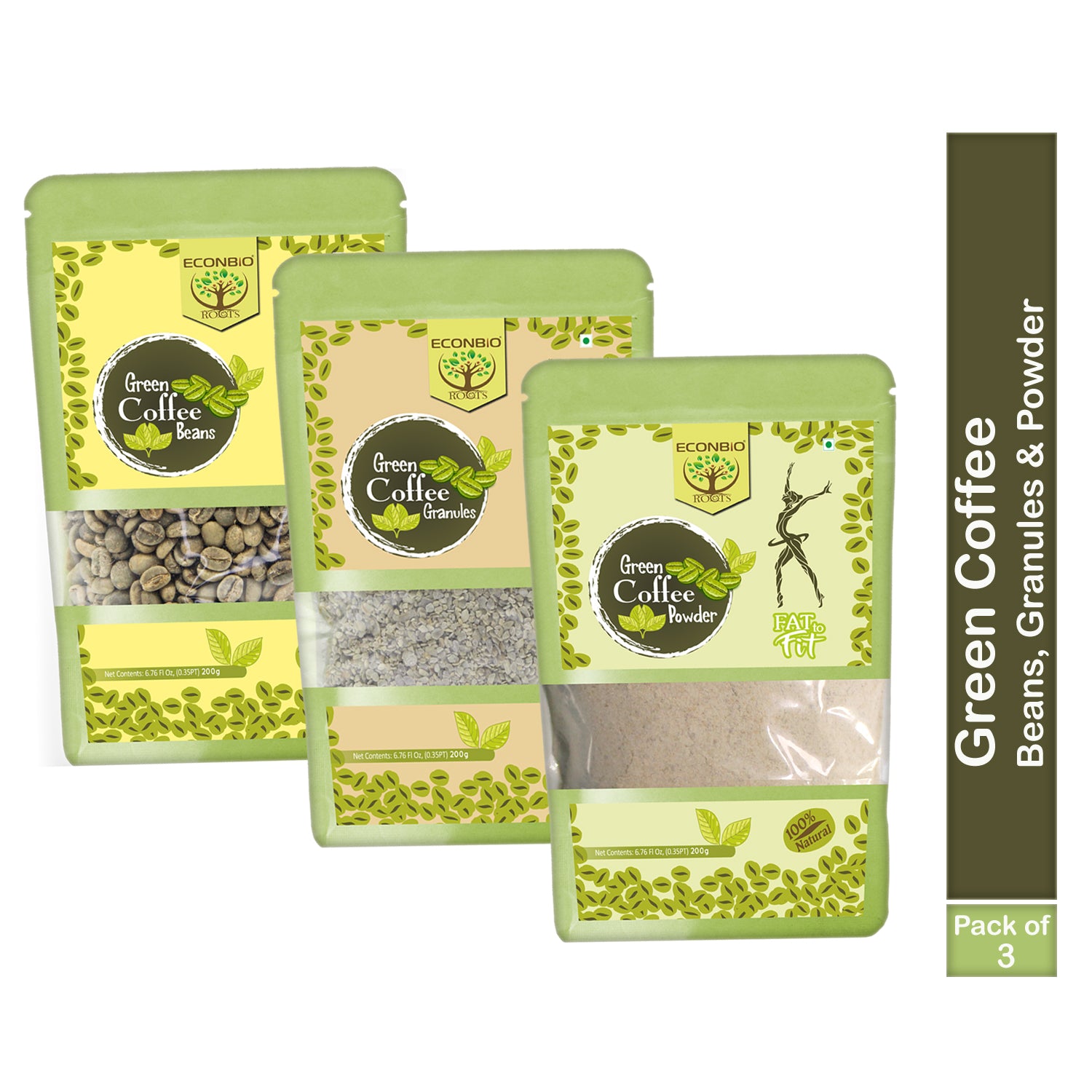 ECONBIO ROOTS Green Coffee Beans, Granules & Powder | Natural Immunity Booster | Weight Loss Management | 200g (Pack of 3)