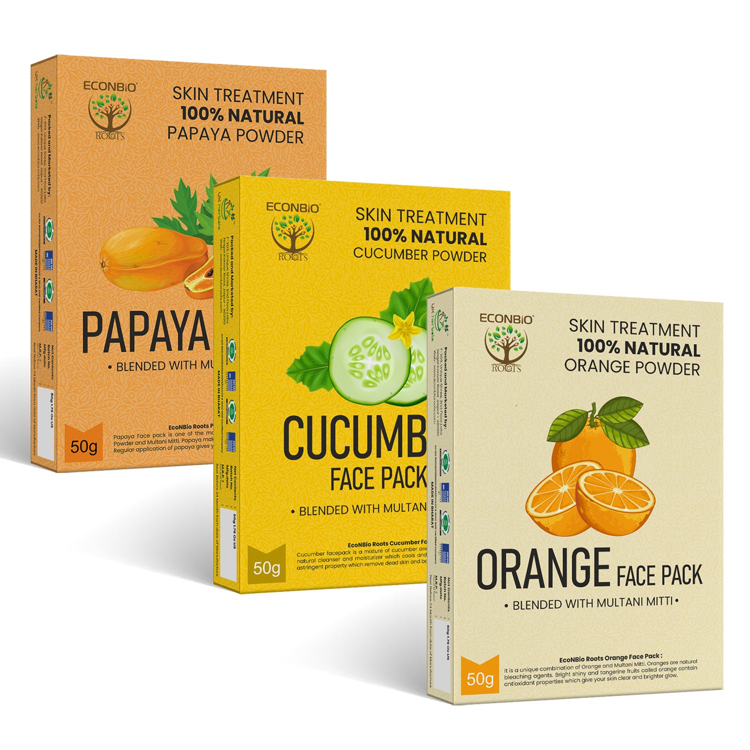 ECONBIO ROOTS 100% Natural Face Pack Combo | Papaya, Cucumber & Orange Face Pack | 50g (Pack of 3)