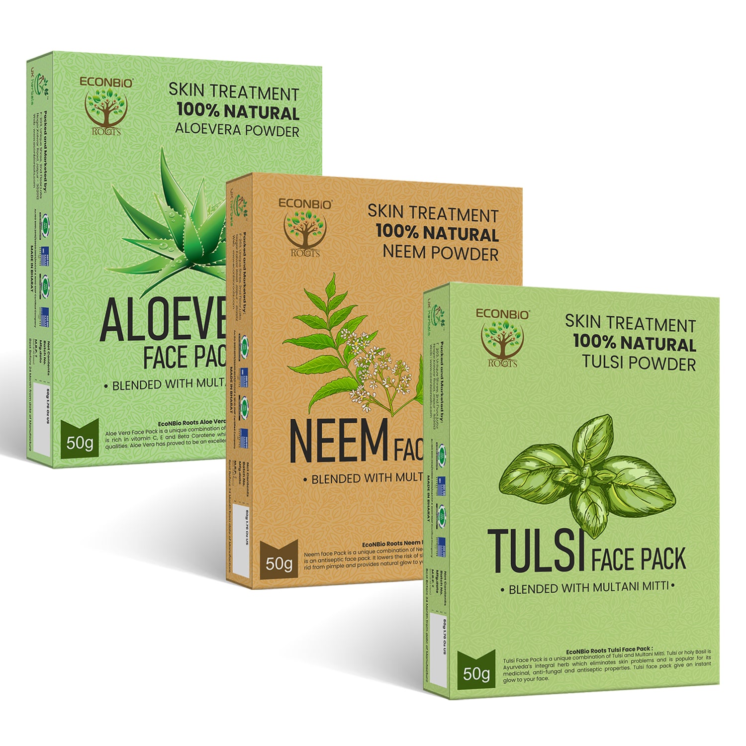 ECONBIO ROOTS 100% Natural Face Pack Combo | Aloe Vera, Neem & Tulsi Face Pack | 50g (Pack of 3)