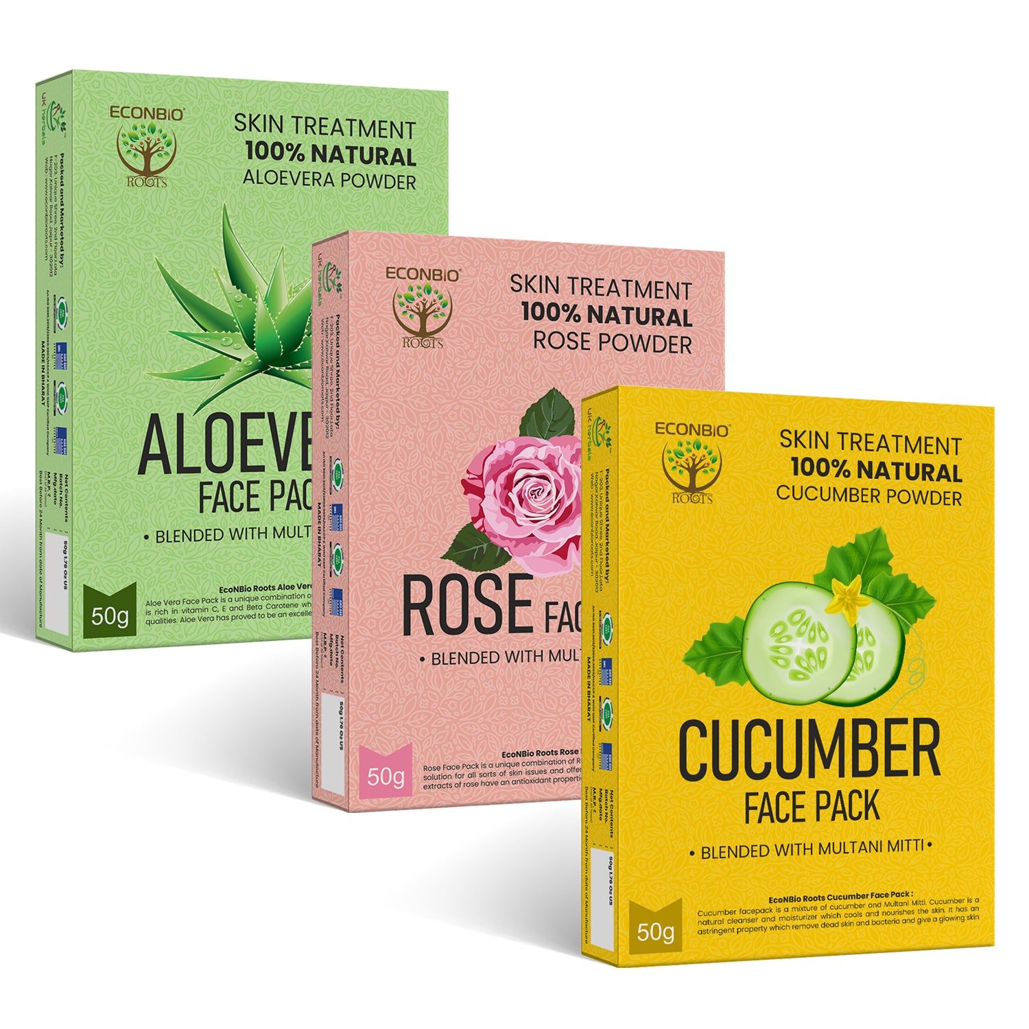 ECONBIO ROOTS 100% Natural Skin Care Combo | Aloe Vera, Rose & Cucumber Face Pack | 50g (Pack of 3)