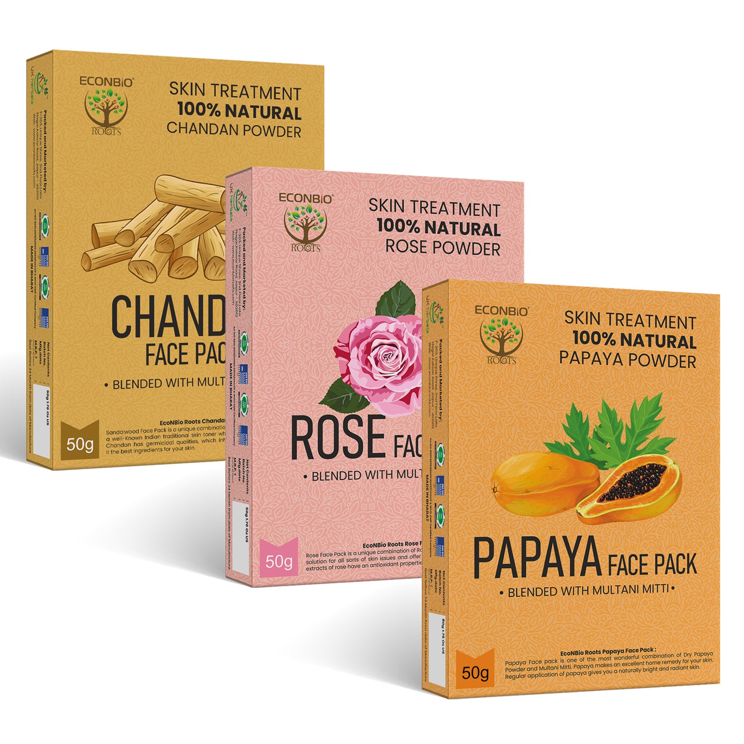 ECONBIO ROOTS 100% Natural Skin Care Combo | Chandan, Rose & Papaya Face Pack | 50g (Pack of 3)
