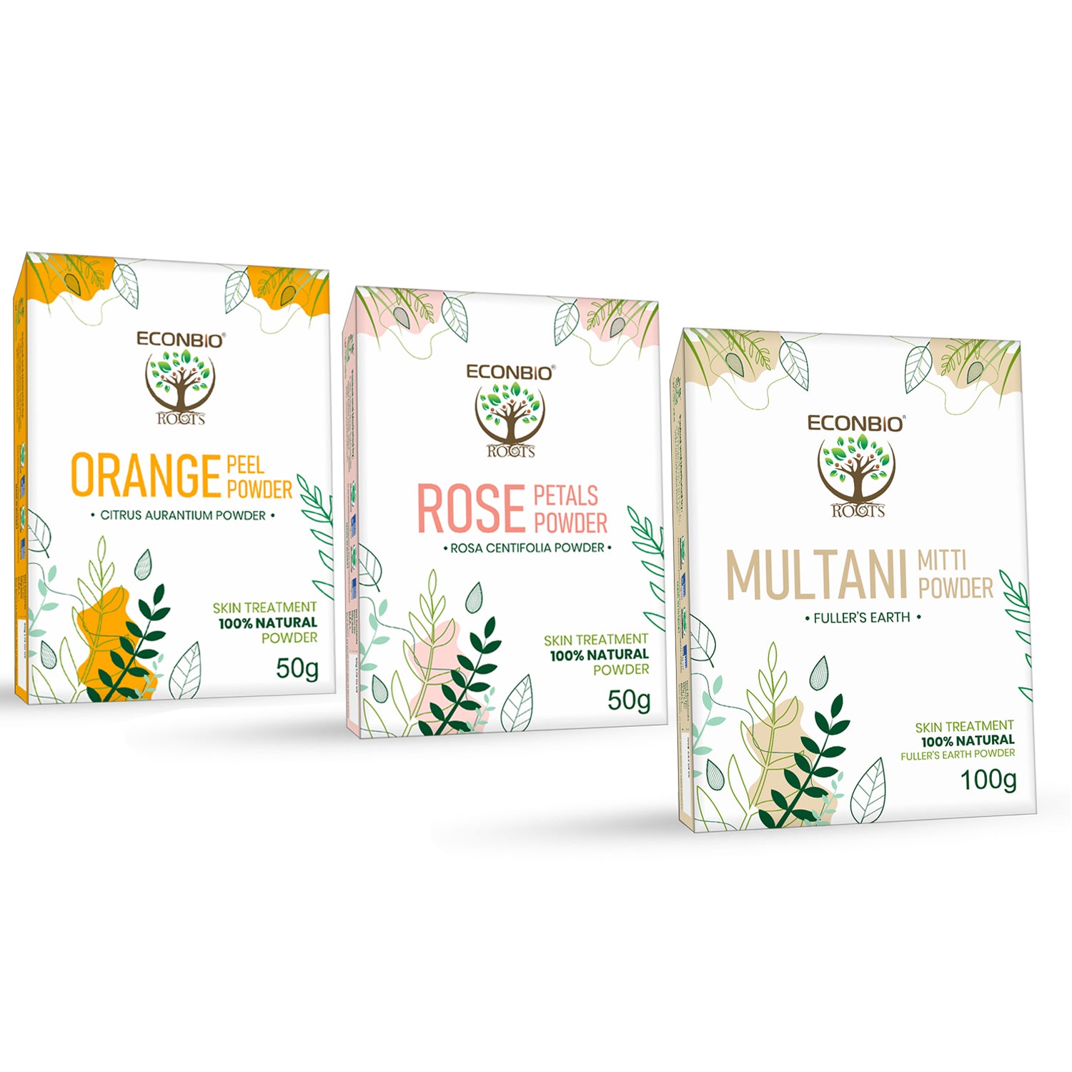 ECONBIO ROOTS Natural Skin Care Combo (Rose Petals Powder 50g, Orange Peel 50g & Multani Mitti Powder 100g)