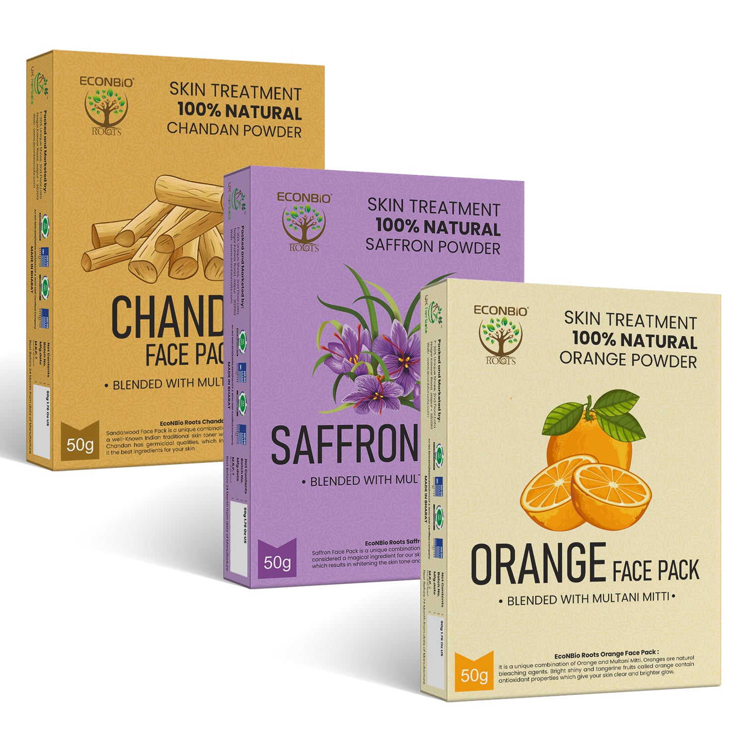 ECONBIO ROOTS 100% Natural Face Pack Combo | Chandan, Saffron & Orange Face Pack | 50g (Pack of 3)