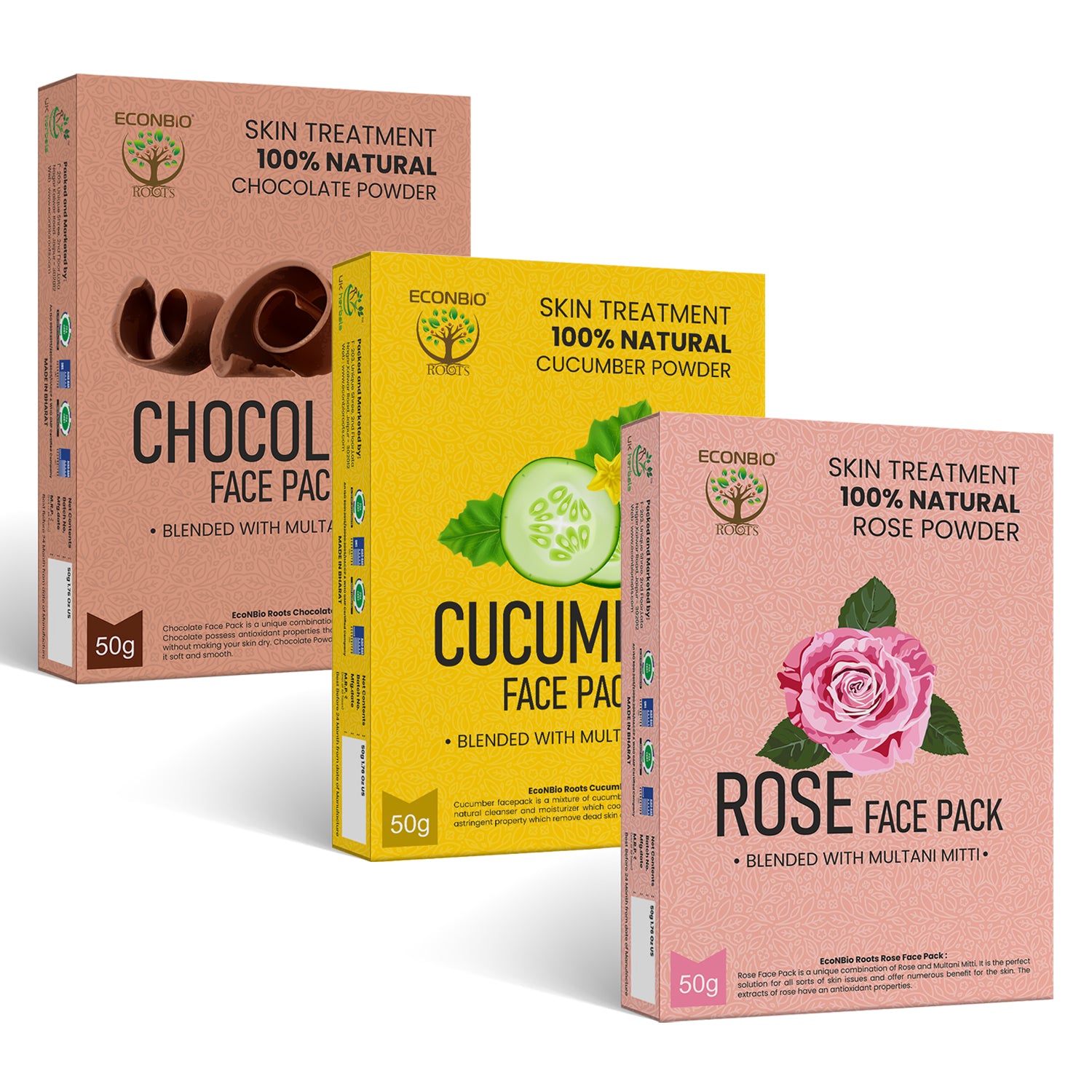 ECONBIO ROOTS 100% Natural Face Pack Combo | Chocolate, Cucumber & Rose Face Pack | 50g (Pack of 3)