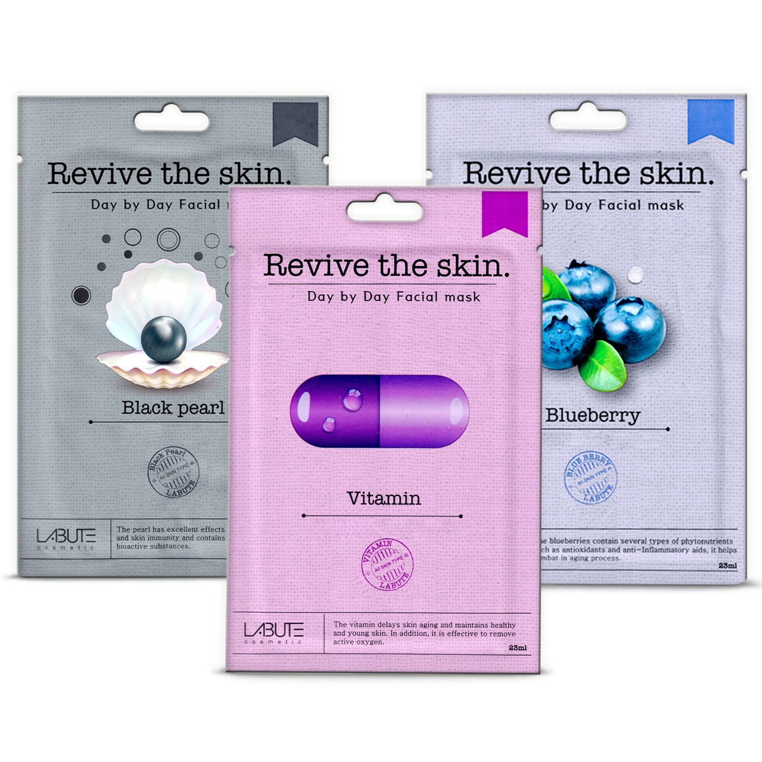 ECONBIO ROOTS Labute Korean Black Pearl, Vitamin & Blueberry Facial Sheet Mask, 23ml (Pack of 3)