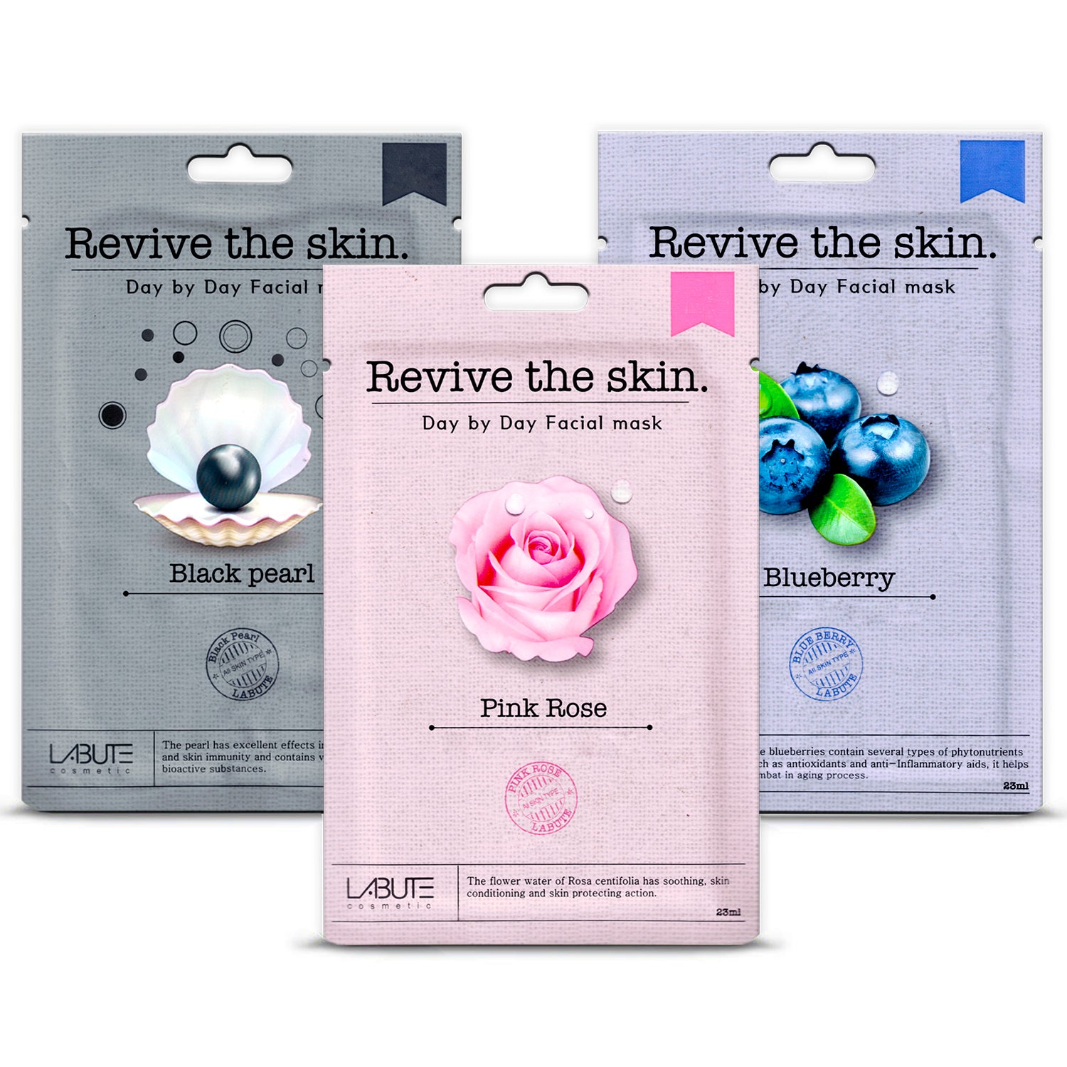 ECONBIO ROOTS Labute Korean Black Pearl, Pink Rose & Blueberry Facial Sheet Mask, 23ml (Pack of 3)